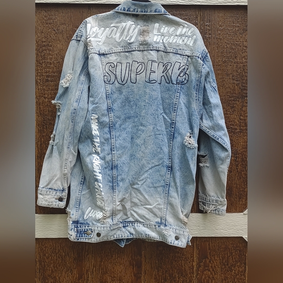 Fashion Nova All That Talk Denim Distressed Oversized Denim Jean Jacket Large - Picture 4 of 5